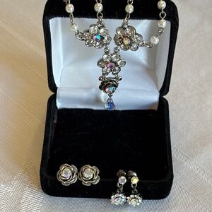 Aurora Borealis AB Crystal Roses/Flower/Pearl Necklace & 2 Earring Sets with box